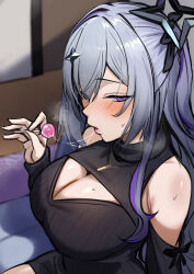 1girl amane_konata bare_shoulders black_halo black_sweater breasts candy cleavage cleavage_cutout clothing_cutout food grey_hair half-closed_eyes halo highres holding holding_candy holding_food holding_lollipop hololive hoshara large_breasts lollipop long_hair purple_eyes purple_hair saliva saliva_trail sketch solo star_halo sweater twintails upper_body very_long_hair virtual_youtuber