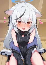 1girl absurdres animal_ears aoto_mei black_coat black_dress black_hair black_socks blue_archive blue_halo blush breasts cat_ears cat_girl china_dress chinese_clothes cleavage_cutout clothing_cutout coat commentary_request diamond_cutout dress fang grey_hair halo heart highres indoors kokona_(blue_archive) loli long_hair long_sleeves looking_at_viewer multicolored_hair open_mouth paid_reward_available red_eyes shoes sitting skin_fang sleeveless sleeveless_dress small_breasts sneakers socks solo streaked_hair striped_clothes striped_coat striped_dress sweatdrop two-tone_hair vertical-striped_clothes vertical-striped_coat vertical-striped_dress wariza white_shoes