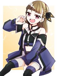 Rule 34 | 1girl, :d, ampere (love live!), bare shoulders, between legs, black hairband, black shirt, black thighhighs, blue coat, blue skirt, border, braid, brown hair, center-flap bangs, coat, commentary, feet out of frame, fishnet pantyhose, fishnets, gradient background, hairband, hand between legs, highres, invisible chair, kachimachi kosuzu, kanduki kamibukuro, link! like! love live!, long sleeves, looking at viewer, love live!, miniskirt, off-shoulder coat, off shoulder, official alternate costume, open mouth, outside border, pantyhose, pink eyes, pleated skirt, shirt, side braids, simple background, sitting, skirt, sleeveless, sleeveless shirt, smile, solo, thighhighs, v-shaped eyebrows, virtual youtuber, white border, white shirt, yellow background