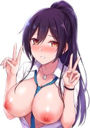 1girl black_hair blush breasts cai_geng collared_shirt dog_tags double_v dress_shirt female_focus green_necktie hair_between_eyes high_ponytail idolmaster idolmaster_shiny_colors large_breasts long_hair looking_at_viewer necktie nipples open_clothes open_shirt ponytail school_uniform shirase_sakuya shirt simple_background smile solo v white_background white_shirt yellow_eyes