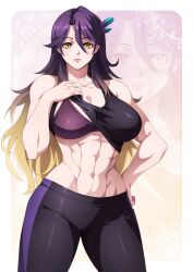 1girl abs absurdres balasdan blonde_hair bra breasts collarbone commentary english_commentary feather_hair_ornament feathers gradient_hair hair_between_eyes hair_ornament highres large_breasts lips looking_at_viewer lua_asuka multicolored_hair navel outside_border pants production_kawaii purple_bra purple_hair purple_pants second-party_source sports_bra underwear virtual_youtuber yellow_eyes zoom_layer