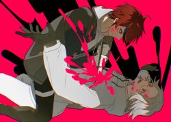 2boys :d ahoge aotsuki_eito attack black_background black_gloves black_pants black_streaks blood blood_on_clothes blood_splatter blue_eyes blue_jacket boy_on_top breast_pocket clenched_teeth commentary drawstring from_side glasses gloves grey_eyes grey_hair grey_jacket hashtag-only_commentary heterochromia highres holding holding_knife hood hoodie jacket knife lluyss lying male_focus multicolored_hair multicolored_jacket multiple_boys open_mouth outstretched_arms pants pink_background pink_blood pocket red_eyes red_hair short_hair simple_background smile spoilers stab streaked_hair sumino_takumi teeth the_hundred_line_-last_defense_academy- two-tone_background two-tone_jacket white_hoodie white_jacket white_pants