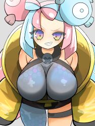 bow-shaped_hair breasts character_hair_ornament creatures_(company) fake_hair_bun game_freak grey_pantyhose hair_ornament hexagon_print highres iono_(pokemon) jacket large_breasts long_hair low-tied_long_hair minazukitoku multicolored_hair nintendo oversized_clothes pantyhose pokemon pokemon_sv sharp_teeth sleeves_past_fingers sleeves_past_wrists split-color_hair teeth two-tone_hair very_long_sleeves x yellow_jacket