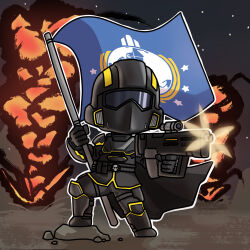 1other ambiguous_gender black_boots black_gloves black_jacket black_pants boots character_request chibi commentary_request explosion firing flag gloves gun helldivers_(series) helm helmet highres holding holding_flag holding_gun holding_weapon jacket mokkyo_(motkyo) muzzle_flash night night_sky outdoors pants scope sky solo standing star_(sky) starry_sky weapon weapon_request
