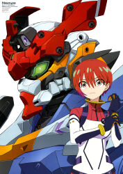 1girl absurdres amate_yuzuriha artist_name copyright_name gojooni gquuuuuux green_eyes gundam gundam_gquuuuuux highres ikeda_yumi inoue_akiko_(artist) looking_at_viewer mecha mecha_pilot_suit mobile_suit official_art red_hair robot scan short_hair simple_background solo third-party_source upper_body v-fin white_background