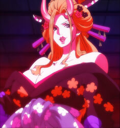 Rule 34 | 1girl, bare shoulders, black maria (one piece), blonde hair, blue eyes, breasts, cleavage, collarbone, earrings, hair ornament, horns, huge breasts, japanese clothes, jewelry, large breasts, lipstick, long hair, makeup, naughty face, one piece, solo, stitched, third-party edit