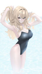 1girl absurdres armpits arms_up bare_shoulders black_one-piece_swimsuit blonde_hair blush breasts brown_eyes cleavage closed_mouth covered_navel glasses highres large_breasts long_hair looking_at_viewer one-piece_swimsuit original solo sthk swimsuit water
