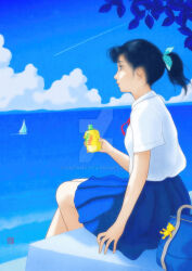Rule 34 | 1986, 1girl, adversarial noise, artist logo, bag charm, black hair, blue skirt, blue theme, boat, bottle, charm (object), cloud, cloudy sky, commentary, day, deviantart logo, english commentary, holding, holding bottle, logo, looking afar, ocean, original, outdoors, pleated skirt, ponytail, profile, sai tamiya, sailboat, school uniform, shirt, sitting, skirt, sky, solo, summer, watercraft, watermark, white shirt