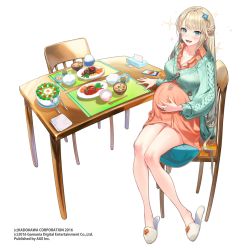 1girl bare_legs belly blonde_hair blue_eyes blush bowl braid buttons cardigan cellphone cellphone_charm chair charm_(object) chopstick_rest chopsticks collared_dress company_name dress female_focus food full_body hair_ornament half_updo hand_on_own_stomach jewelry kansen_x_shoujo knees_together_feet_apart kodama_(wa-ka-me) legs long_hair long_sleeves looking_at_viewer meal meat mishijima_ayane open_mouth orange_dress partially_unbuttoned phone pregnant rice rice_bowl ring salad sandals short_dress simple_background sitting slippers smartphone smile solo soup sparkle table tissue_box very_long_hair watermark wedding_band white_background
