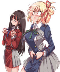 2girls black_eyes blonde_hair blue_hair blue_ribbon cosplay costume_switch dress fat_joke folded_hair grey_dress highres inoue_takina inoue_takina_(cosplay) long_hair lycoris_recoil lycoris_uniform multiple_girls nishikigi_chisato nishikigi_chisato_(cosplay) one_side_up pleated_dress red_dress ribbon short_hair simple_background struggling two-tone_dress white_background yazawa_mana