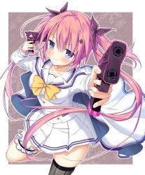 Rule 34 | 1girl, :3, absurdres, asymmetrical legwear, black ribbon, black thighhighs, blue eyes, blush, border, bow, bowtie, breasts, brown background, closed mouth, collarbone, da capo, da capo iv, dual wielding, eyes visible through hair, fighting stance, floating hair, foot out of frame, foreshortening, frilled thigh strap, gun, hair between eyes, hair ribbon, hashtag-only commentary, heart, heart print, highres, holding, holding gun, holding weapon, huge bow, karuru634, long hair, long sleeves, looking at viewer, medium breasts, miniskirt, mismatched legwear, outline, outside border, pink hair, pleated skirt, pointing, pointing at viewer, ribbon, sailor collar, school uniform, serafuku, shirakawa hiyori, shirt, simple background, single thighhigh, skindentation, skirt, smile, smug, solo, split mouth, standing, standing on one leg, thigh strap, thighhighs, twintails, v-shaped eyebrows, very long hair, weapon, white border, white outline, white sailor collar, white serafuku, white shirt, white skirt, yellow bow, yellow bowtie, zettai ryouiki