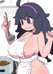 1girl @_@ ahoge apron areola_slip armpits blush breasts cleavage cooking cooking_pot covered_erect_nipples eyebrows_hidden_by_hair from_side groin hair_between_eyes hairband hex_maniac_(pokemon) highres holding holding_ladle ladle large_breasts long_hair looking_at_object miyazero nail_polish naked_apron nintendo pokemon pokemon_xy purple_eyes purple_hair purple_hairband sideboob simple_background smile solo stove sweat white_apron white_background