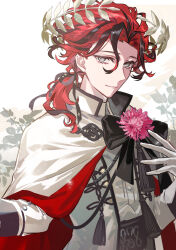 1boy black_hair cloak curly_hair dante_alighieri_(fate) fate/grand_order fate_(series) floating_crown gloves grey_eyes hair_over_shoulder hair_ribbon highres laurel_crown long_sleeves looking_at_viewer male_focus medium_hair multicolored_hair ponytail poppoman red_hair ribbon shirt smile solo tassel two-tone_hair upper_body white_cloak