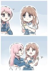 2girls bang_dream! bang_dream!_it&#039;s_mygo!!!!! black_choker blue_eyes brown_hair cellphone chihaya_anon choker closed_mouth commentary_request earrings grey_eyes highres holding holding_phone jewelry long_hair lyy midriff multiple_girls nagasaki_soyo necklace open_mouth outline phone pink_hair pleated_skirt sidelocks skirt smartphone sweatdrop white_outline white_skirt