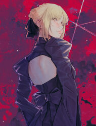 Rule 34 | 1girl, arms behind back, artoria pendragon (fate), back bow, back cutout, black bow, black dress, blonde hair, bow, braid, breasts, closed mouth, clothing cutout, commentary, dress, english commentary, fate/hollow ataraxia, fate (series), hair bow, hair bun, highres, juliet sleeves, lips, long sleeves, looking at viewer, looking back, medium breasts, official alternate costume, puffy sleeves, purple background, purplerider, red background, saber alter, saber alter (gothic lolita), short hair, sidelocks, smile, solo, two-tone background, yellow eyes