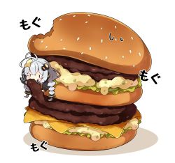 1girl antenna_hair big_mac black_jacket blush braid brown_eyes burger chibi closed_mouth commentary_request eating food food_on_face grey_hair hair_between_eyes hair_ornament headset highres in_food jacket kizuna_akari long_hair long_sleeves low_twintails mcdonald&#039;s milkpanda mini_person minigirl puffy_cheeks puffy_long_sleeves puffy_sleeves shadow simple_background solo star_(symbol) translated twin_braids twintails very_long_hair voiceroid white_background