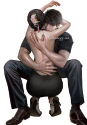 1boy 1girl badegg-mm black_dress black_pants black_shirt black_shoes brown_hair brown_shoes caleb_(love_and_deepspace) dress facing_away flower hair_bun hair_flower hair_ornament hand_on_another&#039;s_back hetero high_heels highres kneeling love_and_deepspace pants protagonist_(love_and_deepspace) purple_eyes shirt shoes simple_background single_hair_bun sitting t-shirt toned toned_male twitter_username white_background