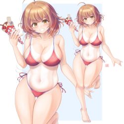 1girl absurdres ahoge barefoot belly bikini breasts brown_eyes brown_hair cleavage commentary_request cowboy_shot crepe food gakuen_idolmaster grin hair_bun hanami_ume highres idolmaster large_breasts looking_at_viewer multiple_views one-piece_tan red_bikini short_hair side-tie_bikini_bottom single_side_bun smile standing swimsuit tan tanline tong_shui v-shaped_eyebrows zoom_layer