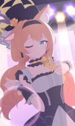 Rule 34 | 1girl, :o, absurdres, animal ear fluff, animal ears, black dress, black hairband, black hat, blue archive, blue eyes, cat ears, choker, commentary, dress, flower, fortysansan, frilled choker, frilled dress, frills, gold halo, grey dress, hairband, hat, hat flower, highres, looking at viewer, low twintails, mari (blue archive), mari (idol) (blue archive), multicolored dress, one eye closed, open mouth, orange hair, solo, twintails, yellow flower