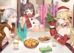 aqua_eyes arm_up armpit_crease bare_shoulders bell black_hair blonde_hair blush breasts brown_eyes calendar_(object) christmas christmas_lights christmas_ornaments christmas_tree claw_pose cleavage closed_mouth collarbone cookie cup detached_sleeves fake_facial_hair fake_mustache food fruit gloves green_ribbon hair_between_eyes hair_ribbon hand_on_own_arm hand_up hat highres holding_mustache jingle_bell knees_up kotatsu large_breasts looking_at_viewer looking_to_the_side momoko_(momopoco) orange_(fruit) orange_peel oshiego_ni_kyouhaku_sareru_no_wa_hanzai_desu_ka? purple_eyes raised_eyebrows red_gloves red_scarf red_sleeves ribbon santa_costume santa_hat scarf sitting smile snowman_costume sweatdrop table teeth tissue_box translation_request tsutsukakushi_seika under_kotatsu under_table uzurano_toe white_hair white_ribbon wrist_cuffs yayaya_yaya