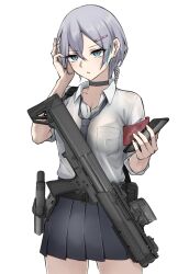 1girl adjusting_hair ammunition_pouch armband belt belt_pouch black_belt blue_eyes blue_skirt breast_pocket breasts bullpup choker cleavage collar commentary ear_piercing earpiece fingernails glock grey_choker grey_hair grey_necktie gun gun_sling hair_ornament hairclip hand_up handgun highres holding holding_phone holster kel-tec_ksg magazine_(weapon) medium_breasts mole mole_under_eye necktie optical_sight original parted_lips partially_unbuttoned phone piercing pleated_skirt pocket pouch pump_action safety_pin short_hair shotgun shsuta_0013 simple_background skirt solo standing sweatdrop weapon white_background white_collar