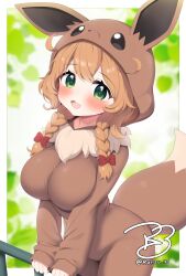 1girl animal_ears blush braid breasts brown_hair cosplay eevee eevee_(cosplay) eevee_ears eevee_tail gen_1_pokemon green_eyes highres hood hood_up large_breasts long_sleeves looking_at_viewer medium_hair nintendo onesie open_mouth poke_kid_(pokemon) pokemon pokemon_tail ransusan smile solo tail twin_braids