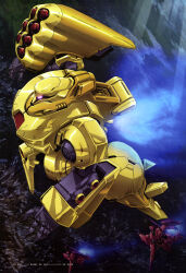 1990s_(style) absurdres artist_request asteroid beam_cannon beam_rifle cable energy_gun gaza-c glint glowing glowing_eye gun gundam gundam_perfect_file gundam_zz highres machine_gun machinery mecha mecha_focus missile missile_pod mobile_suit neo_zeon no_humans one-eyed pink_eyes retro_artstyle robot science_fiction space thrusters weapon zssa