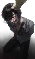 2boys absurdres black_eyes black_hair black_pants blood_from_forehead blood blood_from_mouth blood_on_clothes blood_on_face chinese_commentary collared_shirt commentary_request crying crying_with_eyes_open fu_shun_(touqi_guaitan) grey_shirt hachiya-0123 hair_between_eyes hand_on_another&#039;s_head highres kneeling lower_teeth_only male_focus mole mole_above_mouth mole_under_mouth multiple_boys open_mouth out_of_frame pants shirt short_hair smile solo_focus tears teeth touqi_guaitan ziche_fuzhao