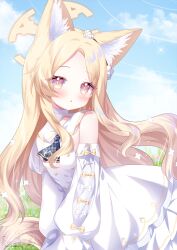 1girl :o animal_ear_fluff animal_ears ascot bare_shoulders blonde_hair blue_archive blue_ascot bow breasts bright_pupils collared_dress commentary_request detached_sleeves dress flower flower_wreath fox_ears gradient_eyes hair_flower hair_ornament halo hamiyamiko highres long_hair long_sleeves looking_at_viewer multicolored_eyes open_mouth parted_bangs pink_eyes seia_(blue_archive) sleeve_bow sleeveless sleeveless_dress small_breasts solo two-tone_eyes very_long_hair white_bow white_dress white_flower white_pupils white_sleeves yellow_bow yellow_eyes yellow_halo