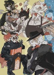 1girl 3boys aak_(arknights) accident animal_ears apron arknights black_apron coat colored_tips commentary_request dragon_boy dragon_ears fins fish_tail food full_body fur-trimmed_coat fur_trim furry furry_female furry_male goggles goggles_on_head highres holding holding_food holding_shield holding_tray horns hung_(arknights) komainu_boy komainu_tail lee_(arknights) looking_at_another male_focus multicolored_hair multiple_boys shield single_horn sirakaro surprised tail tiger_ears tiger_girl tiger_stripes tray upper_body waai_fu_(arknights) wide-eyed