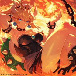 Rule 34 | 1girl, armlet, bare shoulders, blonde hair, blue eyes, bowsette, bracelet, breasts, cameltoe, cleavage, collar, crossed legs, crown, dress, earrings, horns, itzah, jewelry, large breasts, long hair, mario (series), new super mario bros. u deluxe, nintendo, pixel art, ponytail, spiked armlet, spiked bracelet, spiked collar, spikes, super crown