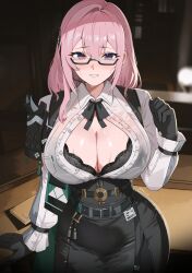 1girl absurdres black-framed_eyewear black_bra black_gloves black_ribbon black_skirt blurry blurry_background blush book bra bra_peek bra_visible_through_clothes breasts cleavage collared_shirt commentary cowboy_shot desk earpiece glasses gloves grin hair_between_eyes hand_rest hand_up high-waist_skirt highres huge_breasts indoors long_hair long_sleeves looking_at_viewer neck_ribbon nvl open_clothes open_shirt pink_eyes pink_hair purple_eyes ribbon semi-rimless_eyewear shirt sidelocks skirt smile solo standing sweat sweaty_clothes taut_clothes taut_skirt tsukishiro_yanagi twitter_username underwear white_shirt zenless_zone_zero