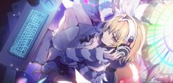 1girl angel_wings blonde_hair chair coat computer_keyboard computer_mouse fate/grand_order fate_(series) fur-trimmed_coat fur_trim headphones highres jeanne_d&#039;arc_(fate) looking_at_viewer metatron_jeanne_(fate) nightgown no-kan official_alternate_costume on_chair pom_pom_(clothes) sitting sleepwear solo sweatdrop thighs twintails wings yellow_eyes