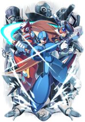 Rule 34 | 6+boys, arm cannon, armor, axl (mega man), black armor, black helmet, blonde hair, blue armor, blue helmet, brown hair, dr. doppler (mega man), energy sword, gate (mega man), general (mega man), glint, gun, helmet, highres, holding, holding gun, holding sword, holding weapon, long hair, lumine (mega man), male focus, mcnr, mega man (series), mega man x (series), multiple boys, ponytail, red (mega man x), red armor, red helmet, serges (mega man), shoulder cannon, sigma (mega man), spiked hair, sword, vile (mega man), weapon, x (mega man), z saber, zero (mega man)