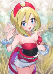 Rule 34 | 1girl, aibon, armpits, blonde hair, blue eyes, blush, bracelet, breasts, cleavage, clothes pull, collar, commentary request, day, eyelashes, fanning self, hair between eyes, hairband, hand up, highres, hot, irida (pokemon), jewelry, looking at viewer, motion blur, motion lines, nintendo, open mouth, outdoors, pokemon, pokemon legends: arceus, red hairband, red shirt, sash, shirt, shirt pull, shirt tug, short hair, shorts, solo, standing, strapless, strapless shirt, sweat, tongue, waist cape, white shorts