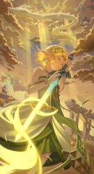 1girl bare_shoulders blonde_hair bracelet braid circlet closed_eyes cloud commentary crown_braid dragon dress earrings english_commentary from_below glowing glowing_sword glowing_weapon highres holding holding_sword holding_weapon jewelry master_sword multicolored_dress nintendo open_mouth outdoors parted_bangs pillar pointy_ears princess_zelda reverse_grip seasalt_(seasalt_0220) shirt short_hair sky sleeveless sleeveless_dress sword the_legend_of_zelda the_legend_of_zelda:_tears_of_the_kingdom triforce triforce_print weapon white_shirt