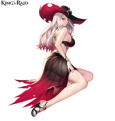 1girl absurdres ass bare_shoulders bikini breasts closed_mouth commentary copyright_name duplicate english_commentary fingernails full_body gradient_clothes gradient_hair hat high_heel_sandals high_heels highres isaiah_(king&#039;s_raid) king&#039;s_raid lagna lips logo long_hair looking_at_viewer looking_back medium_breasts multicolored_hair nail_polish official_alternate_costume official_art pixel-perfect_duplicate red_eyes sandals sarong see-through_clothes shiny_skin simple_background sitting smile solo strappy_heels sun_hat swimsuit tattoo toes water_drop wet white_background white_hair
