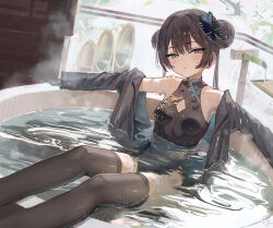 1girl absurdres bath bathing bathroom bathtub black_dress black_gloves black_hair black_thighhighs blue_archive blush braid braided_bun breasts butterfly_hair_ornament china_dress chinese_clothes commentary double_bun dragon_print dress gloves grey_eyes grey_halo hair_bun hair_ornament halo hidulume highres jacket kisaki_(blue_archive) long_hair looking_at_viewer onsen partially_submerged pelvic_curtain pinstripe_jacket pinstripe_pattern print_dress sleeveless sleeveless_dress small_breasts solo striped_clothes striped_jacket thighhighs vertical-striped_clothes vertical-striped_jacket water wet