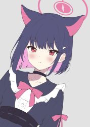 1girl alternate_costume animal_ears belt black_choker black_hair black_sailor_collar black_shirt blue_archive blush bow bowtie cat_ears choker collarbone colored_inner_hair commentary_request dutch_angle grey_background hair_ornament hairpin halo highres kazusa_(blue_archive) kurumi_kororin looking_at_viewer medium_hair multicolored_hair pink_bow pink_hair pink_halo pout red_eyes sailor_collar shirt sidelocks simple_background solo upper_body