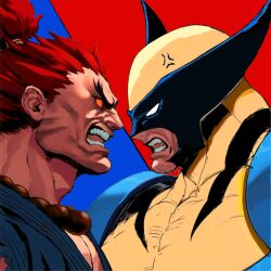 Rule 34 | 2boys, akuma (street fighter), beard, bodysuit, capcom, dark skin, depravedtsunami, dougi, facial hair, highres, male focus, marvel, marvel vs. capcom, marvel vs. capcom 2, mask, mature male, multiple boys, muscular, muscular male, pectorals, red eyes, red hair, short hair, street fighter, superhero costume, teeth, wolverine (x-men), x-men, x-men vs. street fighter
