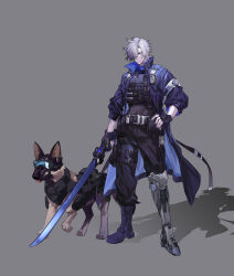 Rule 34 | 1boy, 463 jun, absurdres, animal, belt, boots, character request, chinese commentary, coat, commentary request, dog, epic seven, goggles, grey hair, hair over one eye, hand on own hip, highres, holding, holding sword, holding weapon, looking at viewer, male focus, mechanical legs, shadow, single mechanical leg, smile, solo, sword, weapon, yellow eyes