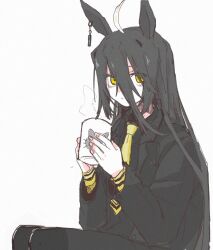 Rule 34 | 1girl, ahoge, animal ears, black coat, black hair, closed mouth, coat, coffee mug, cup, earrings, hair between eyes, highres, holding, holding cup, horse ears, horse girl, jewelry, lapels, long bangs, long hair, long sleeves, looking at viewer, manhattan cafe (umamusume), mug, necktie, ryne 25, simple background, single earring, sitting, sketch, solo, umamusume, white background, yellow eyes, yellow necktie