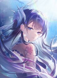 Rule 34 | 1girl, absurdres, breasts, closed mouth, commentary, earrings, from behind, hair intakes, hair ornament, highres, honkai: star rail, honkai (series), hysilens (honkai: star rail), jewelry, light smile, long hair, looking at viewer, looking back, medium breasts, purple eyes, purple hair, sohan (sohan 416), solo, upper body, very long hair
