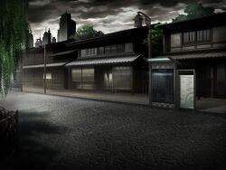 architecture artist_request cloud cloudy_sky cobblestone day east_asian_architecture fence game_cg lamppost magia_record:_mahou_shoujo_madoka_magica_gaiden mahou_shoujo_madoka_magica map no_humans official_art outdoors scenery sky skyline sparkle storm stream town tree willow