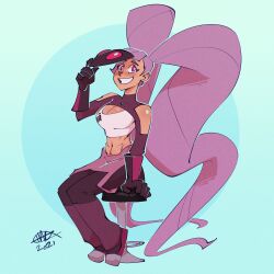 1girl abs absurdly_long_hair aqua_background black_gloves black_pants bra breasts bright_pupils cleavage clothing_cutout dated entrapta full_body gloves hagfish hand_up highres long_hair mask_lift medium_breasts navel pants parted_lips purple_eyes she-ra_and_the_princesses_of_power shoulder_cutout signature sitting smile solo stool twintails underwear very_long_hair white_bra white_pupils