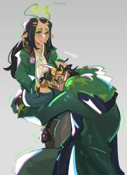 1boy absurdres alien avengers_(series) black_hair closed_mouth fayyabonk formal_clothes green_eyes guardians_of_the_galaxy highres hug loki_(marvel) long_hair long_sleeves mantis_(marvel) marvel marvel_cinematic_universe marvel_rivals medium_hair pants short_hair simple_background smile suit