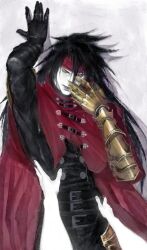 1boy 1other belt belt_buckle black_gloves black_hair black_pants buckle cape clawed_gauntlets cloak closed_eyes closed_mouth cowboy_shot final_fantasy final_fantasy_vii final_fantasy_vii_rebirth final_fantasy_vii_remake gauntlets gloves hashtag-only_commentary headband highres long_hair male_focus pale_skin pants pov pov_hands red_cape red_cloak red_headband shyuuwei single_gauntlet single_glove spiked_hair vincent_valentine
