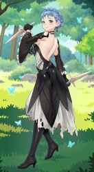 Rule 34 | 1girl, absurdres, alternate costume, back, backless dress, backless outfit, black dress, black gloves, blue hair, blue sky, braid, breasts, brown eyes, bug, butterfly, closed mouth, cloud, commentary, commission, cosplay, crown braid, detached sleeves, dress, earrings, eir (fire emblem), eir (fire emblem) (cosplay), english commentary, fire emblem, fire emblem: three houses, fire emblem heroes, forest, gloves, grass, highres, igni tion, insect, jewelry, large breasts, looking at viewer, marianne von edmund, marianne von edmund (timeskip), nature, nintendo, outdoors, short hair, sky, sly, smile, solo, torn clothes, torn dress, tree, voice actor connection, xanthe huynh