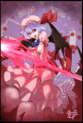 Rule 34 | 1girl, ascot, back bow, bat wings, black wings, blue ascot, blue hair, bow, commentary request, dress, feet out of frame, glowing, glowing weapon, hat, holding, holding polearm, holding weapon, kozuki0912, pink dress, pink hat, pink shirt, polearm, puffy short sleeves, puffy sleeves, purple background, red bow, red eyes, red ribbon, remilia scarlet, ribbon, shirt, short sleeves, solo, spear the gungnir, tongue, tongue out, touhou, weapon, wings