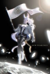 1girl 2023 absurdres animal_ears banner bite_addict black_bodysuit bodysuit boots breasts chinese_zodiac flag floating highres holding_banner impossible_clothes jacket large_breasts long_hair moon nengajou new_year original parted_lips rabbit_ears rabbit_girl science_fiction solo space two-tone_bodysuit white_bodysuit white_boots white_hair white_jacket year_of_the_rabbit yellow_eyes